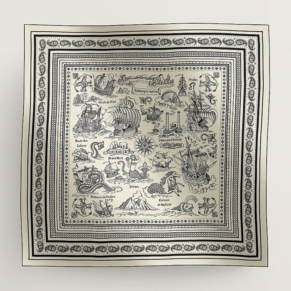 Hermes Cashmere Shawl "Tatouages Marins Bandana" Foulard Scarf‎ Tuch Carre BLUE